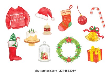 Set of Christmas elements watercolor vector illustration