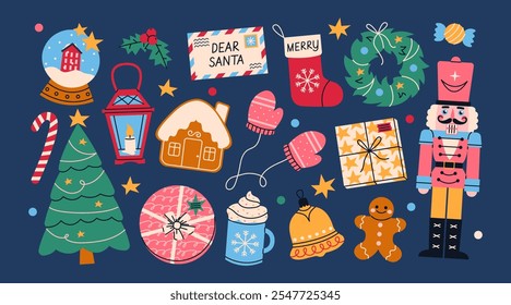 Set of Christmas elements. Winter celebration. Nutcracker, christmas tree, snowball, gingerbread, gift box, cacao mug, wreath, lantern, sweets etc.