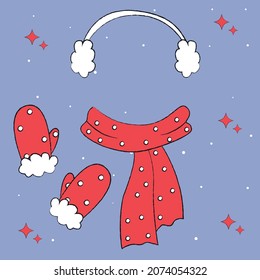 set of christmas elements, Set of winter clothes, scarf, hat, mittens, knitted warm sweater, collection of vector items of clothing for cold weather, doodles of winter clothes, winter set