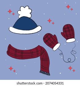 set of christmas elements, Set of winter clothes, scarf, hat, mittens, knitted warm sweater, collection of vector items of clothing for cold weather, doodles of winter clothes, winter set