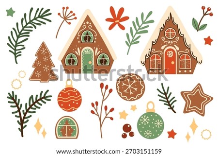 Set of Christmas elements, a winter set of cookies, and gingerbread. Hand-drawn illustration, flat style. Scandinavian Christmas clipart.