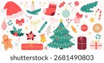 Set of Christmas elements. Xmas tree, gift, bow, candle, cookie, Christmas toys, candy, sock, hat. Colorful Christmas vector set with festive elements. Cute Xmas graphic icons. Vector illustrations
