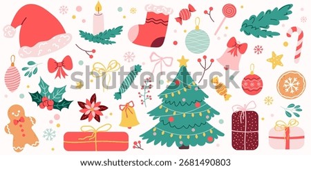 Set of Christmas elements. Xmas tree, gift, bow, candle, cookie, Christmas toys, candy, sock, hat. Colorful Christmas vector set with festive elements. Cute Xmas graphic icons. Vector illustrations
