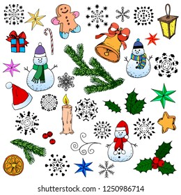 Set of christmas elements,snowflakes, snowman,tree branches,decorations, cartoon images, vector illustration, hand drawn