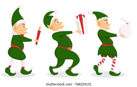 Set of christmas elf character with bag in a flat design.