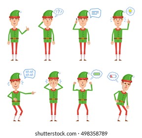Set of Christmas elf characters posing in different situations. Cheerful elf talking on phone, thinking, pointing up, laughing, crying, tired, full of energy. Flat style vector illustration