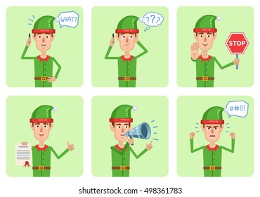 Set of Christmas elf characters posing in different situations. Cheerful elf talking on phone, surprised, thinking, angry, holding stop sign, loudspeaker, document. Flat style vector illustration