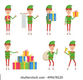 Set of Christmas elf characters posing in different situations. Cheerful elf with gifts, jingle bells, bag of gifts, scroll, showing thumb up gesture. Simple style vector illustration
