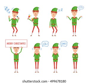 Set of Christmas elf characters posing in different situations. Cheerful elf karaoke singing, dancing, sleeping, thinking, laughing, surprised, holding banner. Flat style vector illustration