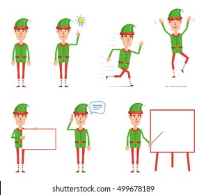 Set of Christmas elf characters posing in different situations. Cheerful elf pointing up, running, jumping, talking on phone, holding banner, pointing to whiteboard. Flat style vector illustration