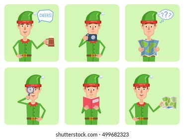 Set of Christmas elf characters posing in different situations. Cheerful elf holding mug of beer, photo camera, map, magnifier, reading a book, thinking. Flat style vector illustration