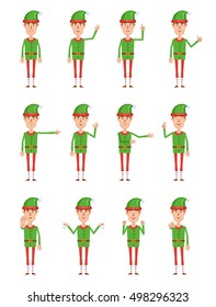 Set of Christmas elf characters showing different hand gestures. Cheerful elf showing thumb up, victory hand, pointing up, waving, greeting and other hand gestures. Flat style vector illustration