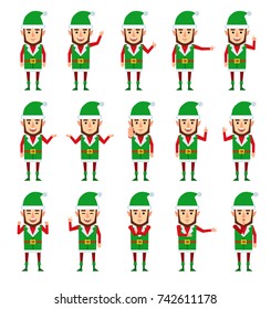 Set of Christmas elf characters showing different hand gestures. Cheerful elves pointing, greeting, showing thumb up and other hand gestures. Flat style vector illustration