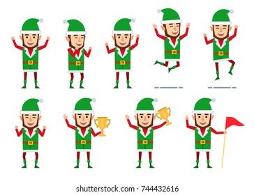Set of Christmas elf characters showing different success poses. Funny elf celebrating, holding cup, jumping and showing other actions. Flat style vector illustration