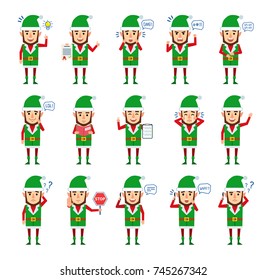 Set of Christmas elf characters showing different actions. Funny elf talking on phone, thinking, holding stop sign, reading book and showing other actions. Flat style vector illustration