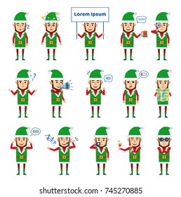 Set of Christmas elf characters showing different actions. Funny elf holding signboard, loudspeaker, map, karaoke singing, sleeping and showing other actions. Flat style vector illustration