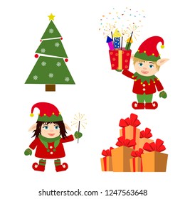 Set of Christmas elf , christmas tree, gift boxes. Design element for card, banner, leaflet, poster. Cartoon style.