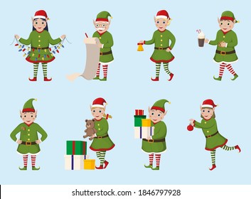 Set of christmas elves in different poses. Christmas character.Vector illustration isolated on white background.