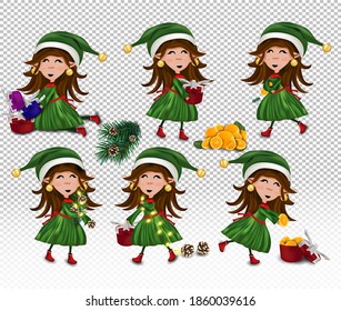 Set of Christmas elves with gift present. Christmas elements pine cone, present, orange, fir branches, magic garland. Vector icon .
