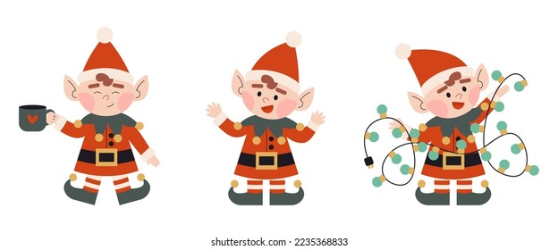 Set of christmas elves. Little Santa's helpers with holiday  lights, cup of coffee, waging hands. Dwarf little fantasy helper. Elf for party invitations or greeting cards. Flat vector. 