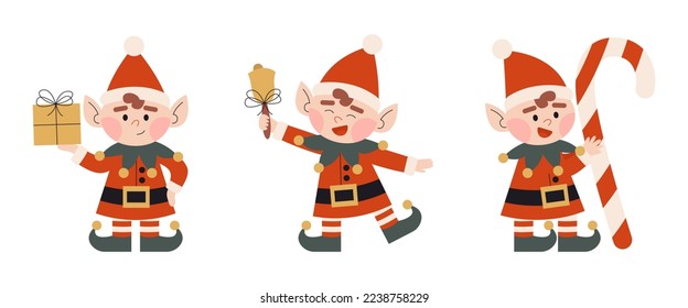 Set of christmas elves. Little Santa's helpers with holiday gift, ringing xmas bell, candy. Dwarf little fantasy helper. Elf for party invitations or greeting cards. Flat vector. 