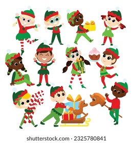 Set Christmas elves. Multicultural boys and girls in traditional elf costumes. Santa's helpers are happy. They dance, smile, bring gifts, carry lollipops and sweets. Design of Christmas characters.