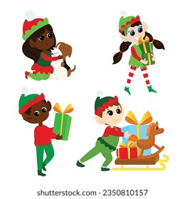 Set Christmas elves. Multicultural boys and girls in traditional elf costumes. Santa's helpers are happy. They dance, smile, bring gifts, carry lollipops and sweets. Design of Christmas characters.