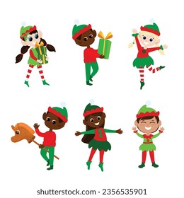Set Christmas elves. Multicultural boys and girls in traditional elf costumes. They dance, smile, bring gifts,  rides on a wooden horse. Design of Christmas characters.