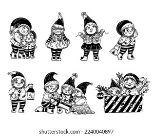 Set of Christmas elves in retro style. Girls elf with garland, gifts makes a bow. Boy characters with lantern, presents and hugs. All elves celebrate Christmas holidays