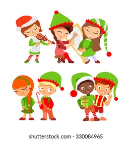 Set of Christmas elves from Santa team singing,playing music,holding gifts. Christmas elves icon set. Vector illustration isolated on white background 