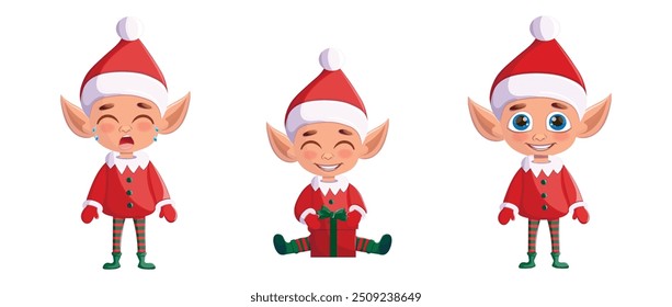 Eine Reihe von Weihnachtselfen. Die Assistentin des Weihnachtsmannes. Eine Reihe von niedlichen Figuren mit Geschenken in einem Weihnachtsmütze. Ein festlicher Elf, der auf weißem Hintergrund hervorgehoben wird.