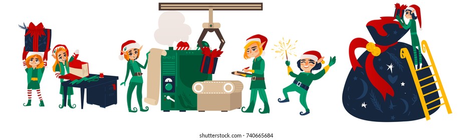 Set Of Christmas Elves Working, Making Presents In Santa Workshop, Flat Cartoon Vector Illustration Isolated On White Background. Santa Helpers, Elves Making Christmas Presents In Workshop