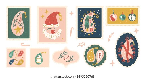 Set of Christmas emblem and decoration elements. Happy New Years stickers kit. Vector hand drawn flat collection illustration isolated on white background.