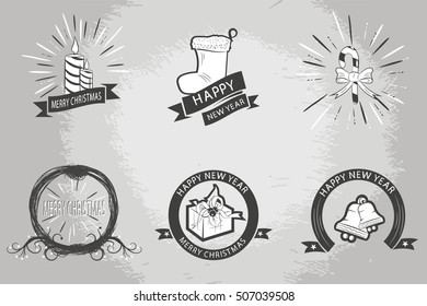 set of Christmas emblems, ribbons, badges, merry Christmas, sock, candle, bell, gift, candy. drawing hand.