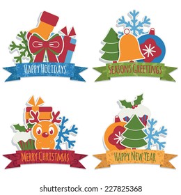 set of christmas emblems with ribbons and ornaments, isolated on white with shadows
