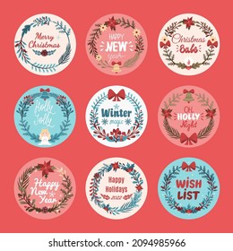 Set of Christmas emblems with a wreath of branches and flowers. Christmas lettering. Festive set for the design of plates, cards, letters, postcards.