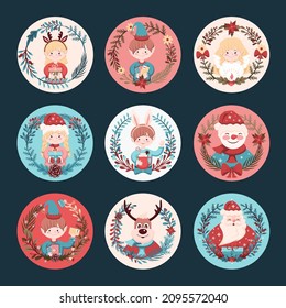 Set of Christmas emblems with a wreath of branches and flowers. Christmas characters and lettering. Festive set for the design of plates, cards, letters, postcards.