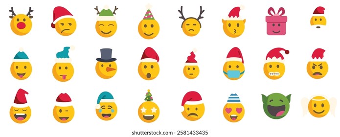 Set of christmas emojis and emoticons expressing various emotions, wearing santa hats, reindeer antlers, party hats and other festive accessories, perfect for holiday greetings and social media