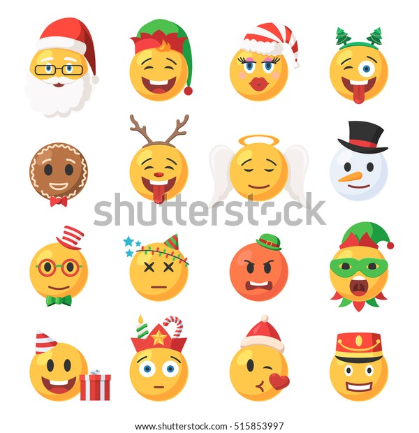 Set of Christmas Emoticons icons. Festive collection characters Emoji face. Isolated vector 