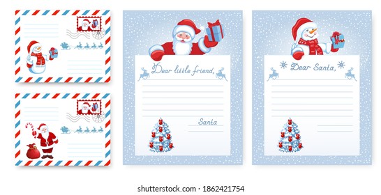 Set Christmas Envelope template. Layout letter to Santa Claus with cartoon Santa and funny Snowman with Christmas gift box. Set Christmas letter to Santa Claus