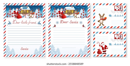 Set Christmas Envelope and wish list template. Layout wishlist letter to Santa Claus and from Santa with inscription "Dear little friend" and "Dear Santa".