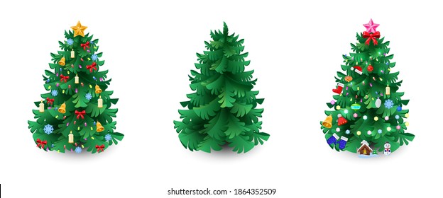 Set of Christmas evergreen trees. Spruce, pine or fir without decorations and two with holiday ornaments balls, star, candle, garland, mittens, boot, hat, snowflakes, snowman, bell. Vector on white.