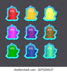 Set Of Christmas Fairy Juicy Colorful Cartoon Mitten Buttons Icons In Different Colors Vector Design