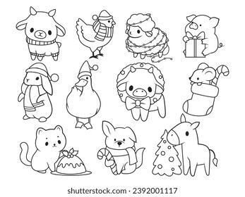 Set of Christmas farm  animals. Collection of stylized holiday pets with a tree, with a gift, wearing a santa hat, etc. Happy holiday. Vector illustration isolated on white background.