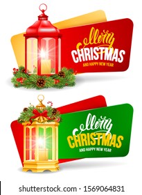 Set of Christmas festive banners with traditional vintage lanterns with burning candle. Decorated with fir tree branches, cones etc. Vector illustration. Isolated on white background.
