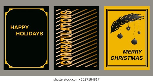 Weihnachts- und Festtagskarten mit unterschiedlichen Wünschen in schwarz-gelben Farben. Vektorgrafik. Minimalistisch elegante Stile.