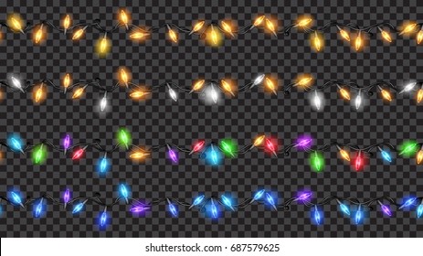 Set Of Christmas Festive Decorations, Colored Translucent Fairy Lights Isolated On Transparent Background. Transparency Only In Vector File
