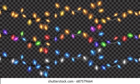 Set of Christmas festive decorations, colored translucent fairy lights isolated on transparent background. Transparency only in vector file