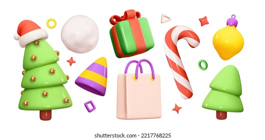 Set of Christmas festive elements for design. Holiday Decoration Shop bag, gift box, cone toy, christmas tree, xmas candy cane, snow globe. Realistic 3d object in cartoon style. vector illustration