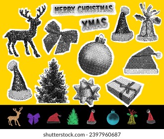 Set of Christmas festive elements for design. Holiday, gift box, cone toy, christmas tree, xmas candy cane, snow globe. Halftone design elements object in cartoon style. Halftones collage vector